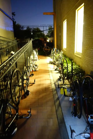 Bikes illuminated by indoor lights