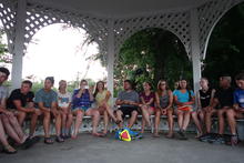 Town hall meeting in the gazebo. 